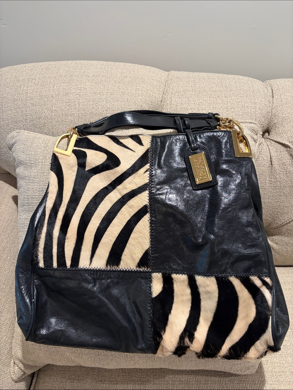 PRICE DROP !  Badgley Mischka Luxury Hobo Bag - Black Leather & Zebra Calf Hair